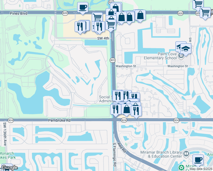 map of restaurants, bars, coffee shops, grocery stores, and more near 1200 Southwest 124th Terrace in Pembroke Pines