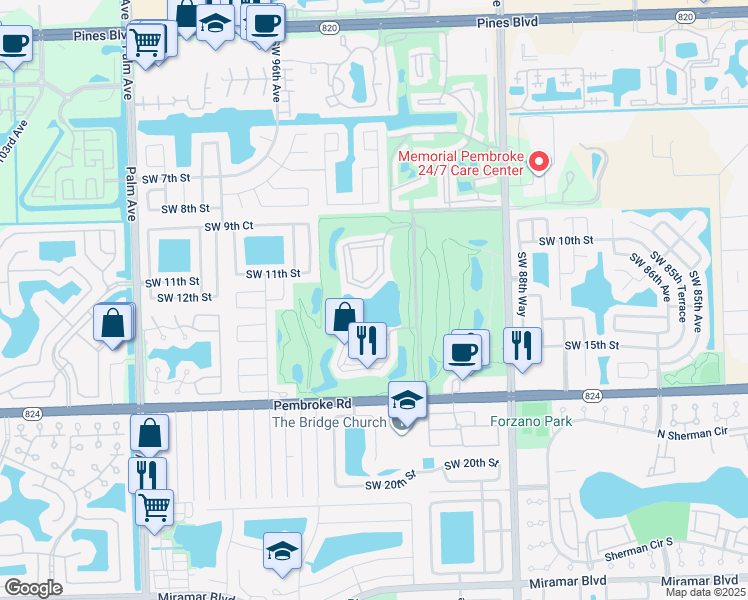 map of restaurants, bars, coffee shops, grocery stores, and more near 9500 North Hollybrook Lake Drive in Pembroke Pines
