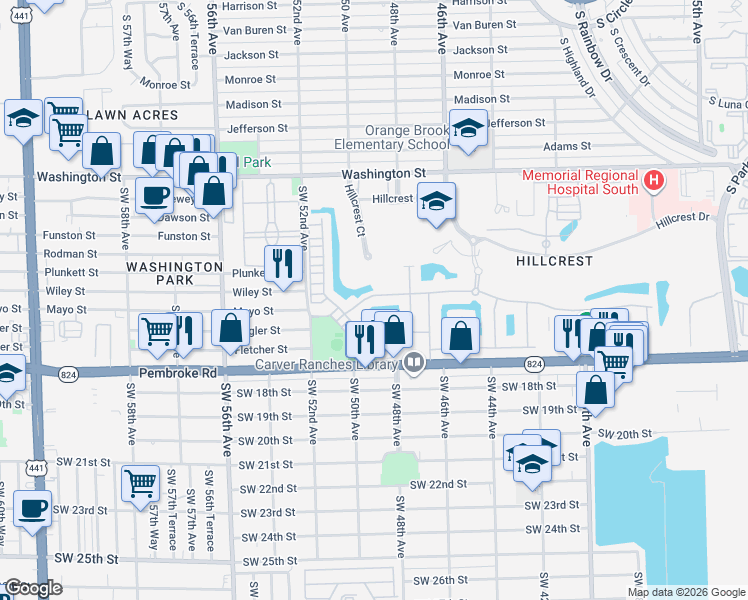 map of restaurants, bars, coffee shops, grocery stores, and more near 5012 Greenway Drive in Hollywood