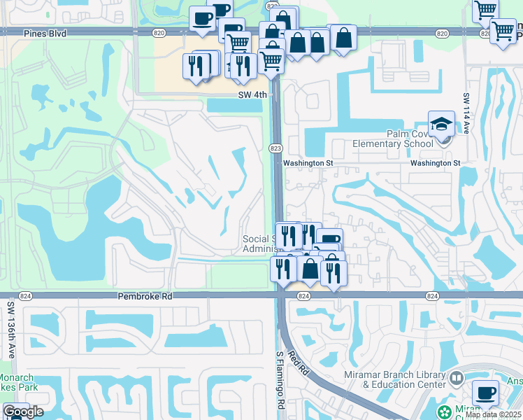 map of restaurants, bars, coffee shops, grocery stores, and more near 1200 Southwest 124th Terrace in Pembroke Pines