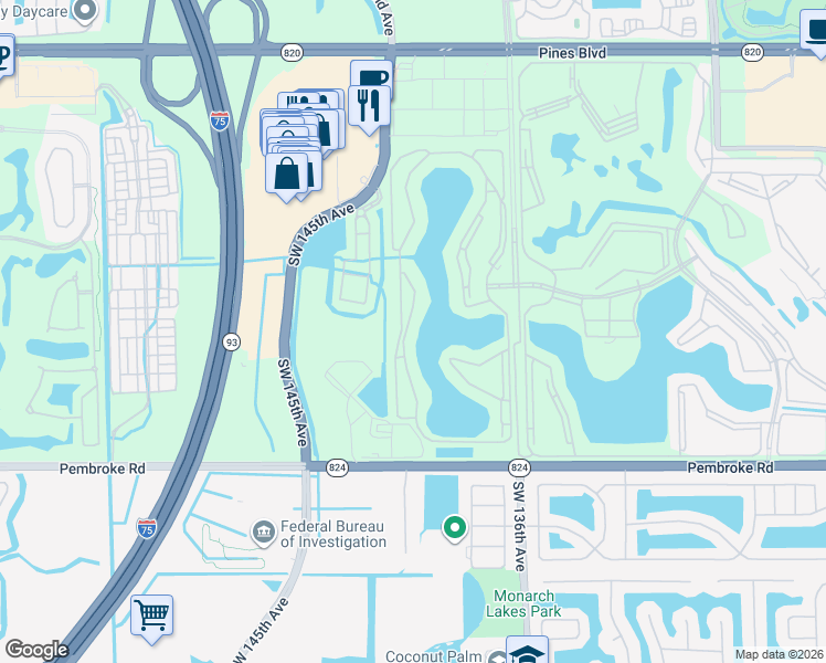 map of restaurants, bars, coffee shops, grocery stores, and more near 1001 Southwest 141st Avenue in Pembroke Pines