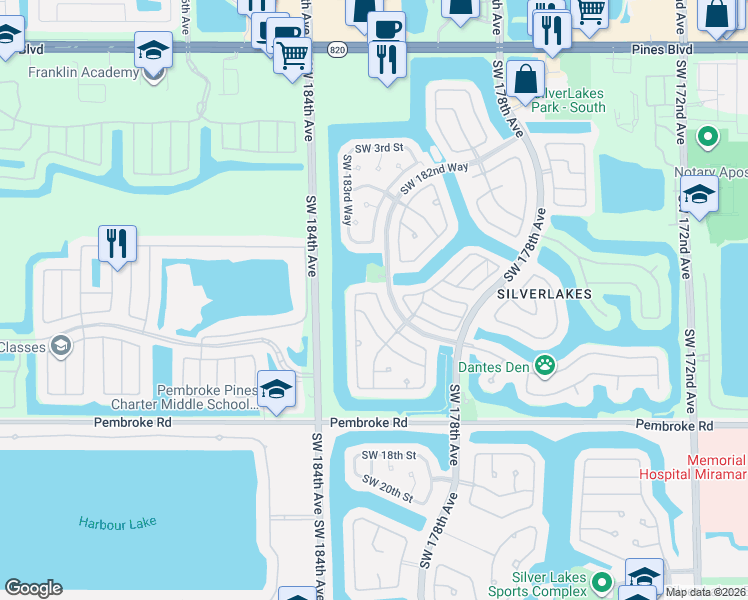 map of restaurants, bars, coffee shops, grocery stores, and more near 18037 Southwest 12th Court in Pembroke Pines