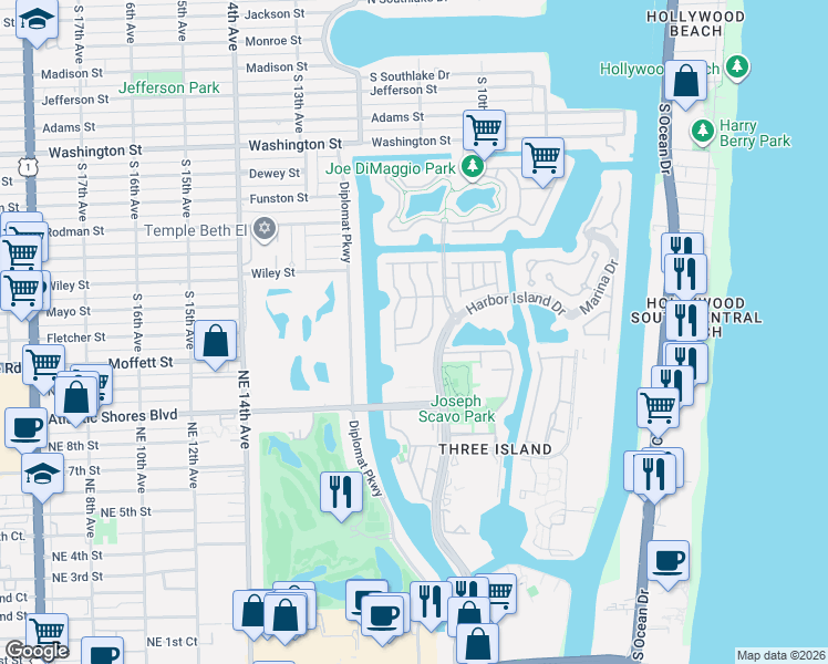 map of restaurants, bars, coffee shops, grocery stores, and more near 1597 Mariner Way in Hollywood