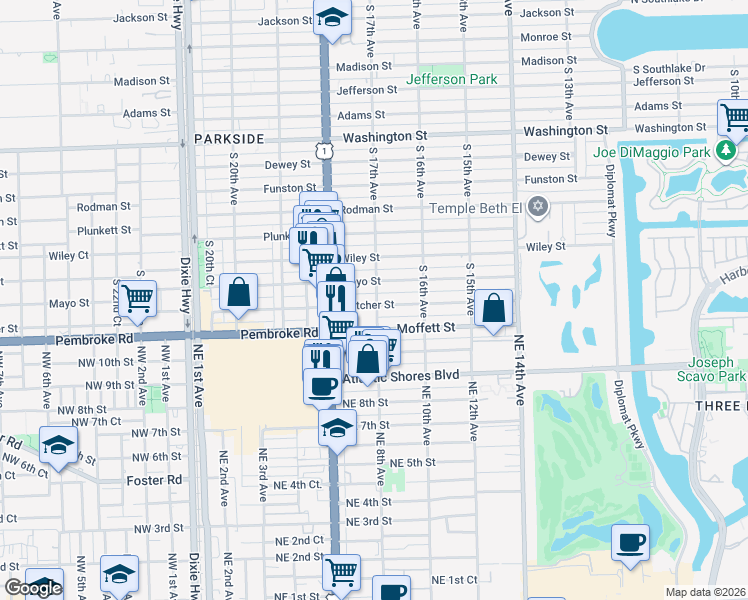 map of restaurants, bars, coffee shops, grocery stores, and more near 1517 South 17th Avenue in Hollywood