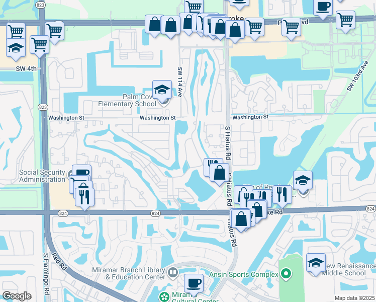 map of restaurants, bars, coffee shops, grocery stores, and more near 1047 Southwest 113th Avenue in Pembroke Pines