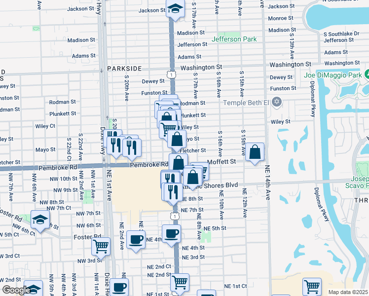 map of restaurants, bars, coffee shops, grocery stores, and more near 1733 Fletcher Street in Hollywood