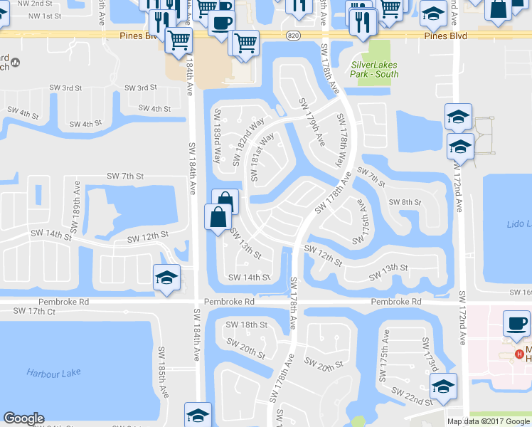map of restaurants, bars, coffee shops, grocery stores, and more near 1115 Southwest 180th Terrace in Pembroke Pines