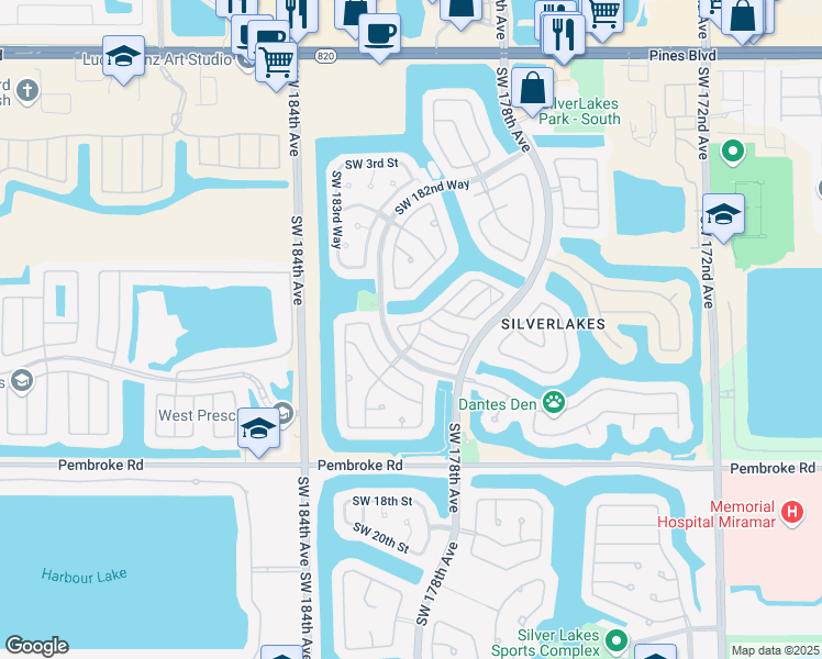 map of restaurants, bars, coffee shops, grocery stores, and more near 1115 Southwest 180th Terrace in Pembroke Pines