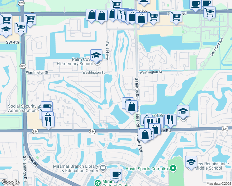 map of restaurants, bars, coffee shops, grocery stores, and more near 1047 Southwest 113th Avenue in Pembroke Pines