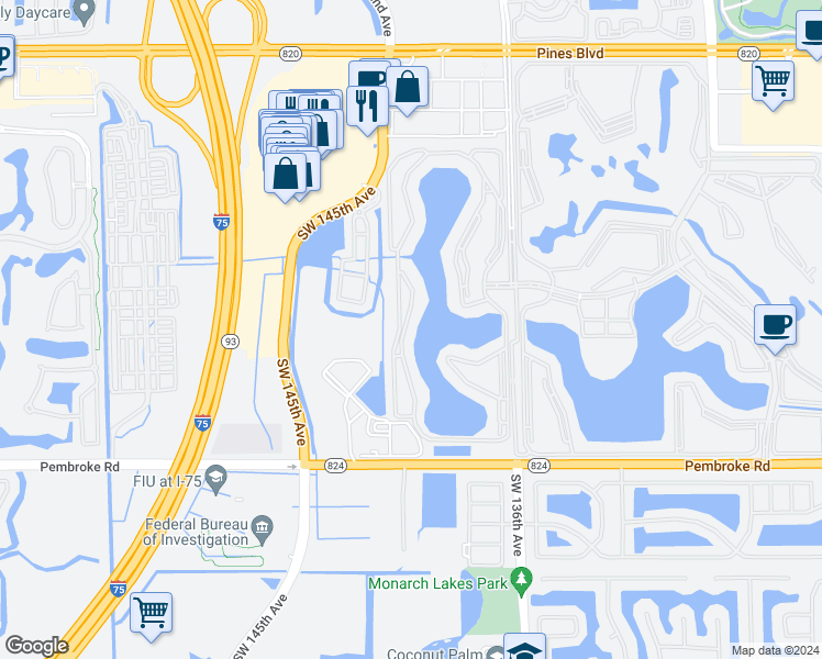 map of restaurants, bars, coffee shops, grocery stores, and more near 1001 Southwest 141st Avenue in Pembroke Pines