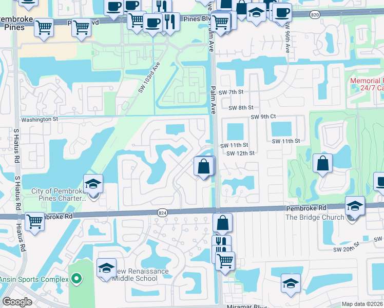 map of restaurants, bars, coffee shops, grocery stores, and more near 1221 Southwest 102nd Avenue in Pembroke Pines