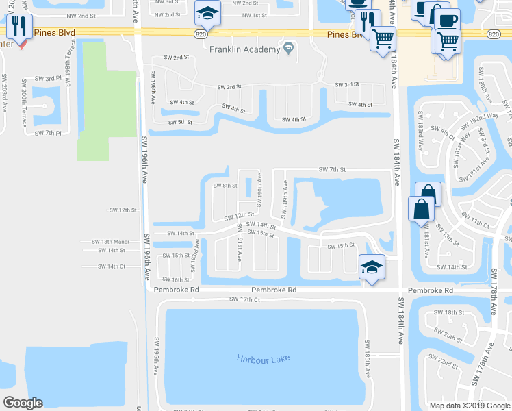 map of restaurants, bars, coffee shops, grocery stores, and more near 19030 Southwest 10th Street in Pembroke Pines