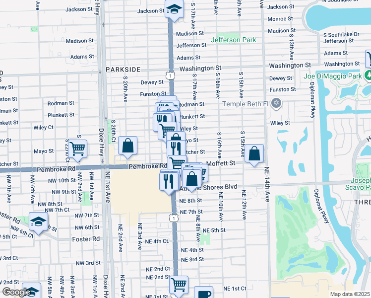 map of restaurants, bars, coffee shops, grocery stores, and more near 1733 Fletcher Street in Hollywood