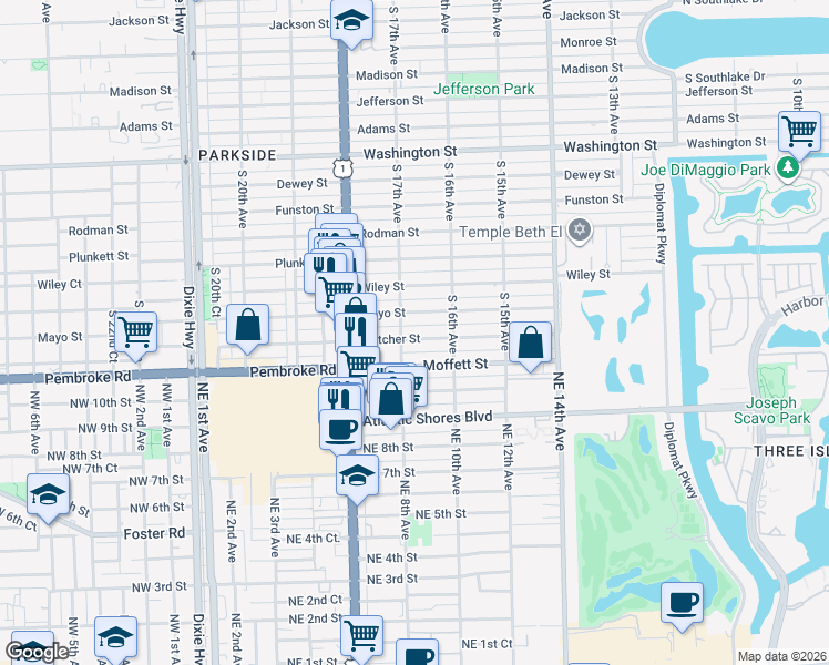 map of restaurants, bars, coffee shops, grocery stores, and more near 1517 South 17th Avenue in Hollywood
