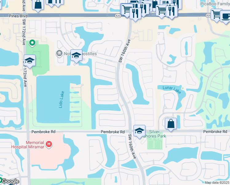 map of restaurants, bars, coffee shops, grocery stores, and more near 16147 10th Street in Pembroke Pines
