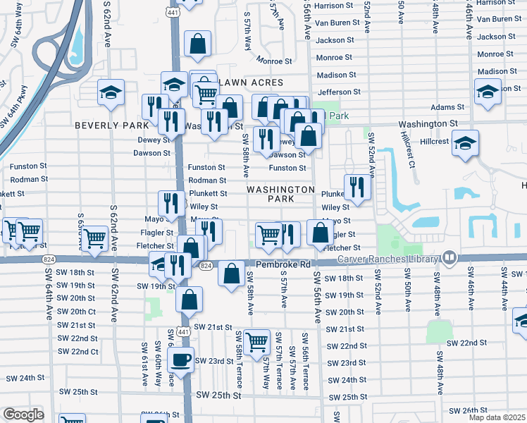 map of restaurants, bars, coffee shops, grocery stores, and more near 5760 Wiley Street in Hollywood
