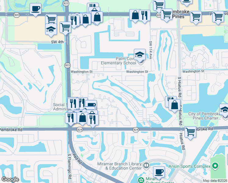 map of restaurants, bars, coffee shops, grocery stores, and more near 11830 Southwest 13th Court in Pembroke Pines