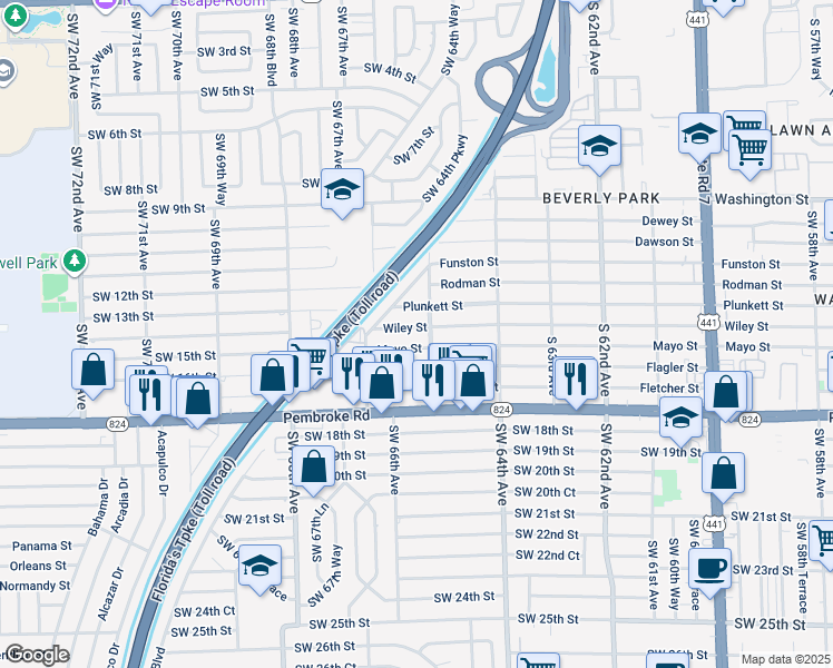 map of restaurants, bars, coffee shops, grocery stores, and more near 6508 Wiley Street in Hollywood