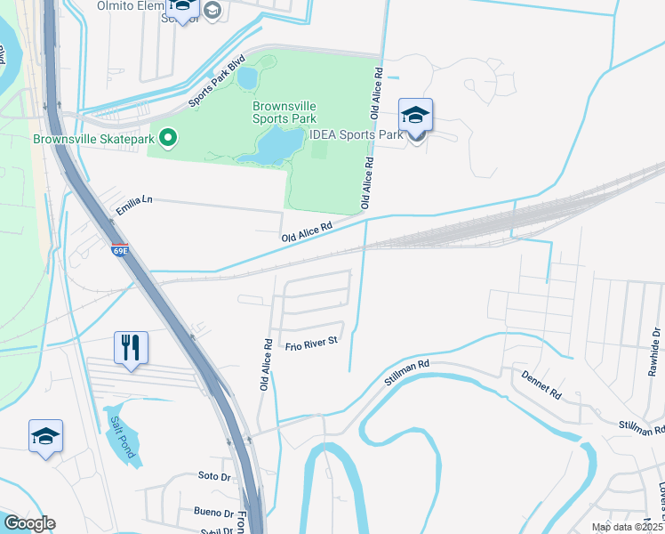 map of restaurants, bars, coffee shops, grocery stores, and more near 6271 Pecos River Street in Brownsville