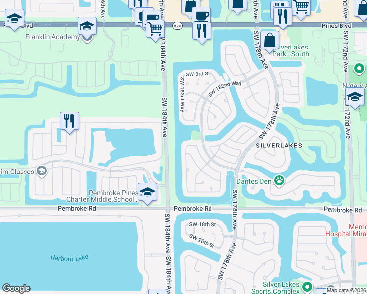 map of restaurants, bars, coffee shops, grocery stores, and more near 1228 Southwest 181st Avenue in Pembroke Pines
