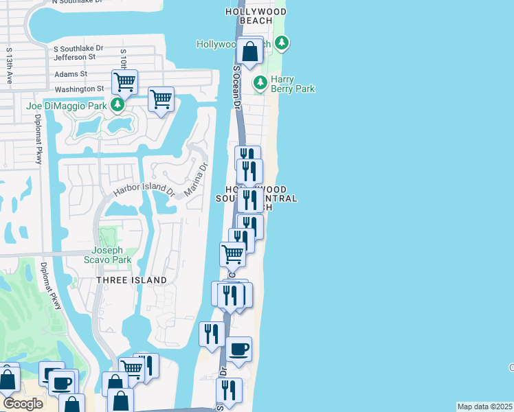 map of restaurants, bars, coffee shops, grocery stores, and more near 301 Magnolia Terrace in Hollywood
