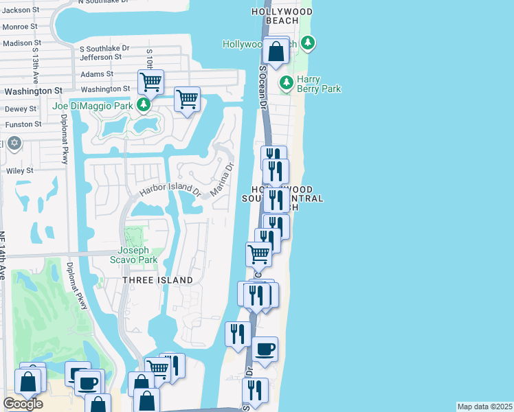 map of restaurants, bars, coffee shops, grocery stores, and more near 2401 South Ocean Drive in Hollywood