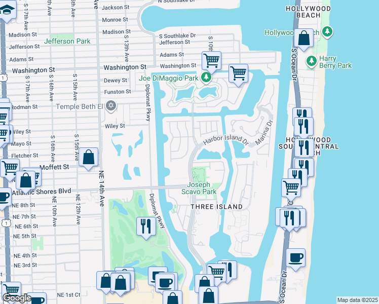 map of restaurants, bars, coffee shops, grocery stores, and more near 1549 Breakwater Terrace in Hollywood