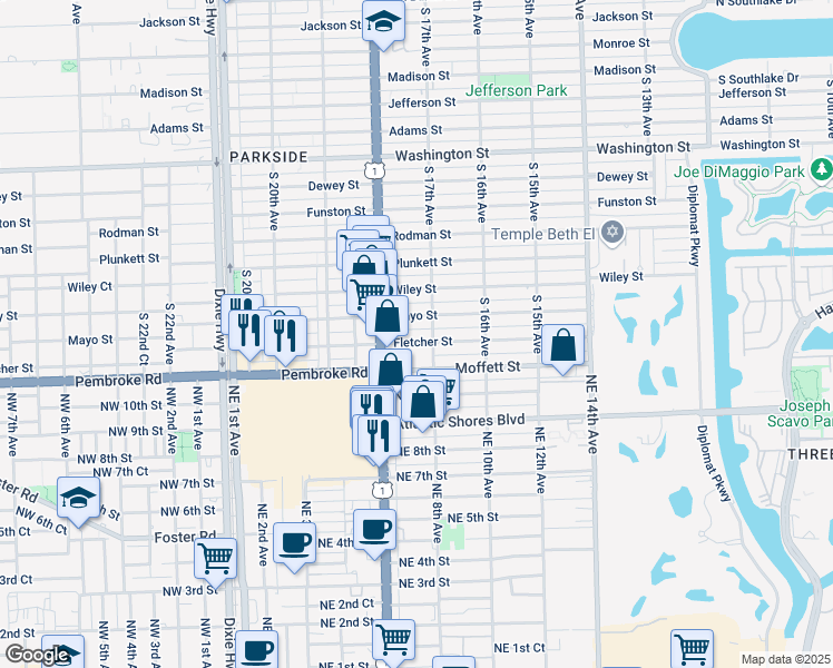 map of restaurants, bars, coffee shops, grocery stores, and more near 1733 Fletcher Street in Hollywood