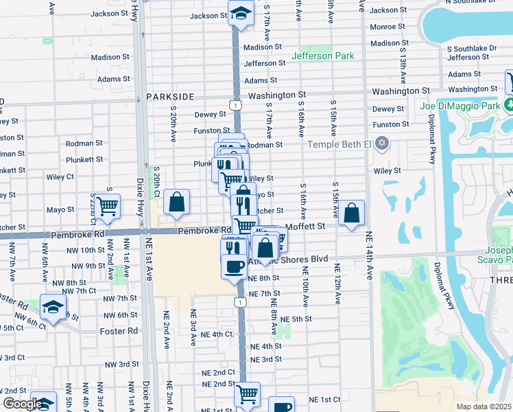 map of restaurants, bars, coffee shops, grocery stores, and more near 1733 Fletcher Street in Hollywood