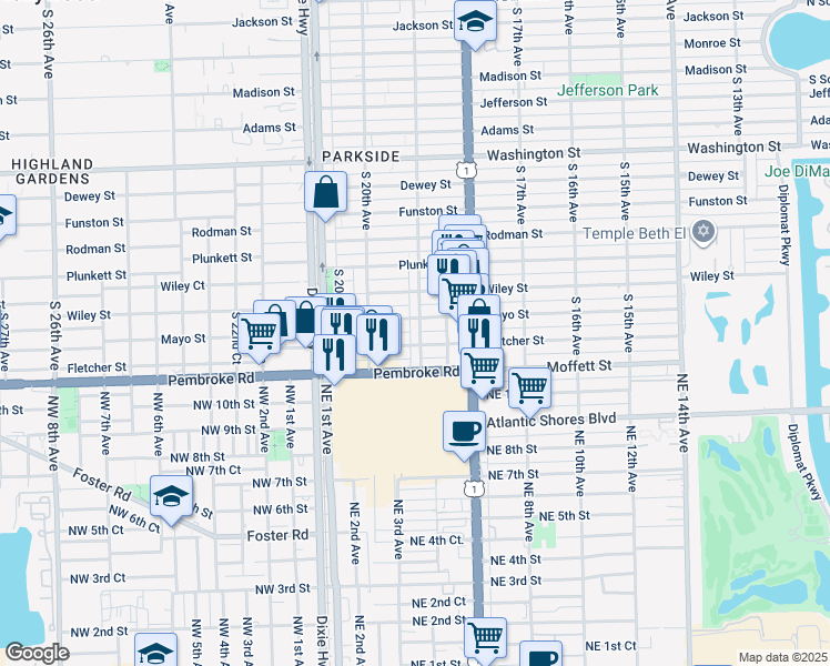 map of restaurants, bars, coffee shops, grocery stores, and more near 1510 South 19th Avenue in Hollywood