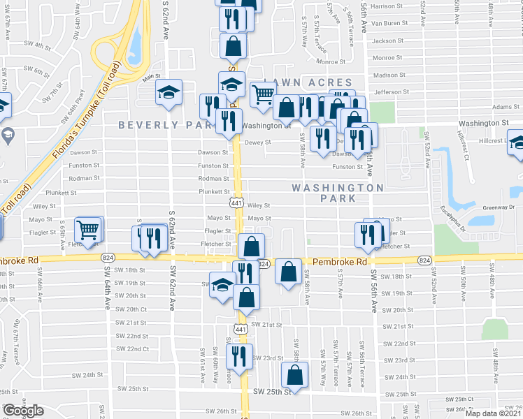 map of restaurants, bars, coffee shops, grocery stores, and more near 5850 Wiley Street in Hollywood