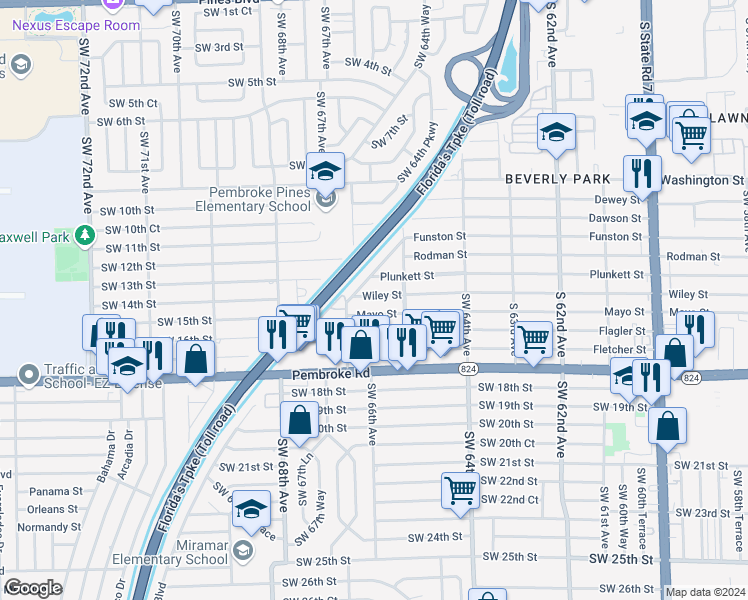 map of restaurants, bars, coffee shops, grocery stores, and more near 6508 Wiley Street in Hollywood