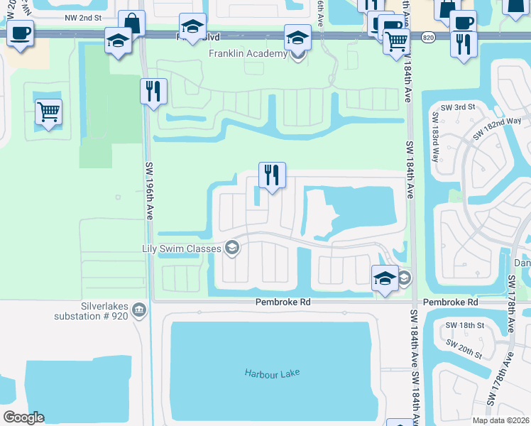 map of restaurants, bars, coffee shops, grocery stores, and more near 19030 Southwest 10th Street in Pembroke Pines