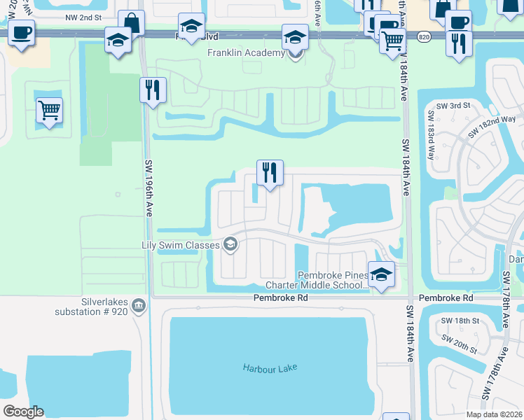 map of restaurants, bars, coffee shops, grocery stores, and more near 19030 Southwest 10th Street in Pembroke Pines