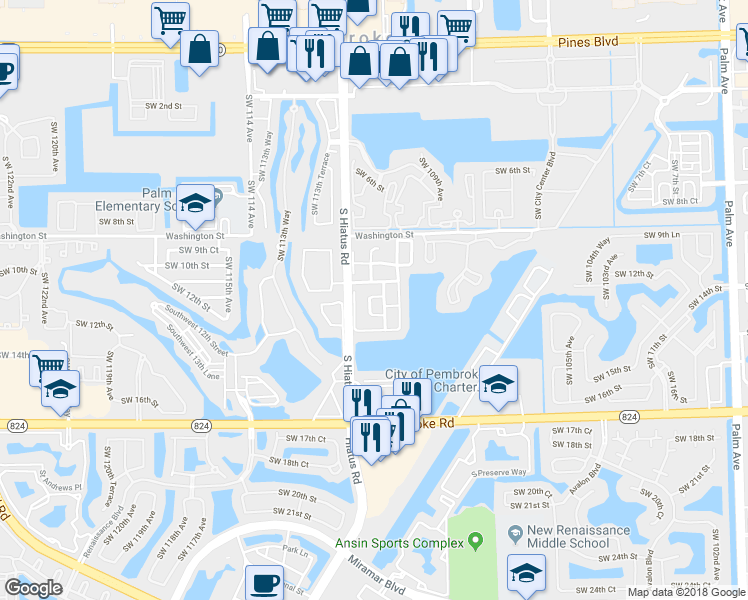 map of restaurants, bars, coffee shops, grocery stores, and more near 1141 Southwest 111th Avenue in Pembroke Pines