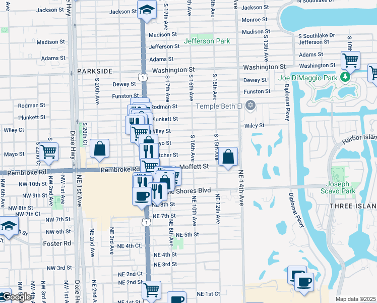 map of restaurants, bars, coffee shops, grocery stores, and more near 1611 Fletcher Street in Hollywood