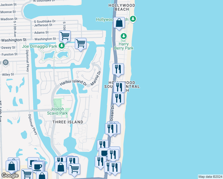 map of restaurants, bars, coffee shops, grocery stores, and more near 2600 South Ocean Drive in Hollywood