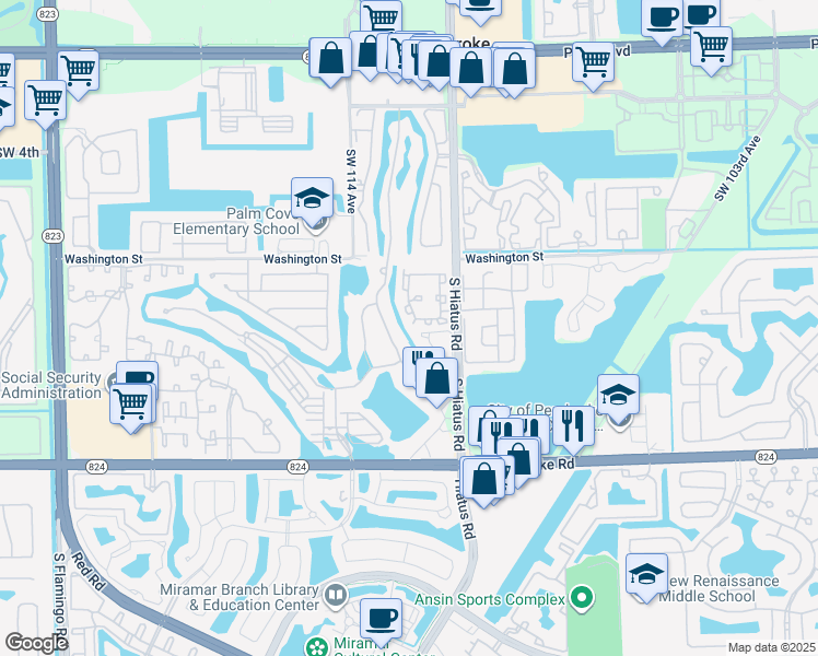 map of restaurants, bars, coffee shops, grocery stores, and more near 11320 Southwest 11 Street in Pembroke Pines