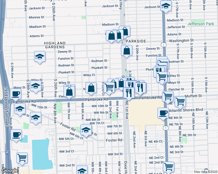 map of restaurants, bars, coffee shops, grocery stores, and more near 2205 Mayo Street in Hollywood