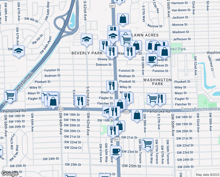 map of restaurants, bars, coffee shops, grocery stores, and more near 6012 Wiley Street in Hollywood