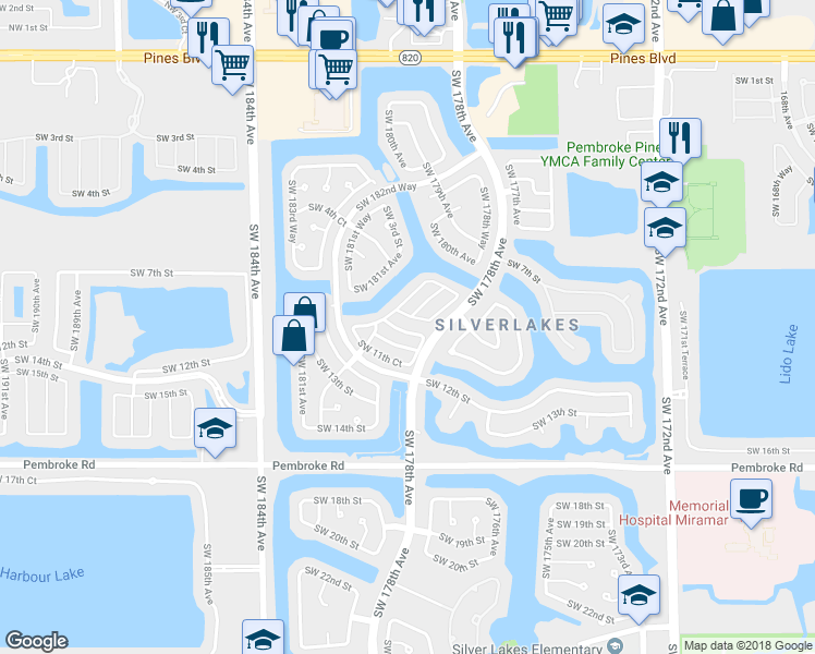 map of restaurants, bars, coffee shops, grocery stores, and more near 17885 Southwest 10th Court in Pembroke Pines
