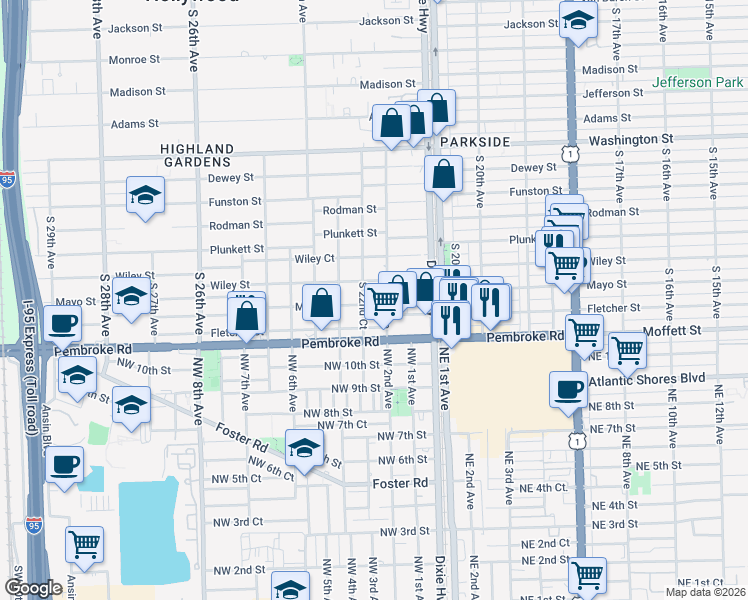 map of restaurants, bars, coffee shops, grocery stores, and more near 2205 Mayo Street in Hollywood