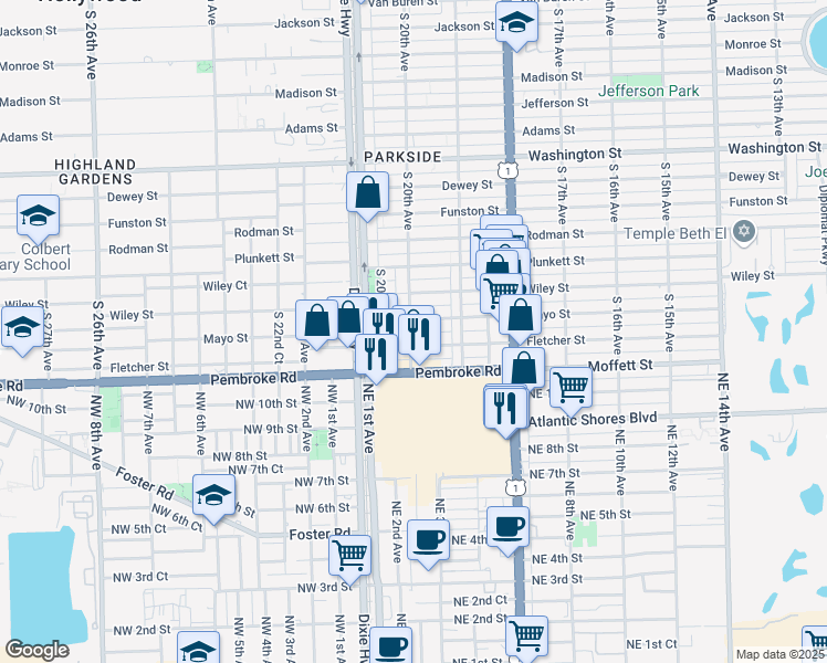 map of restaurants, bars, coffee shops, grocery stores, and more near 1511 South 20th Avenue in Hollywood