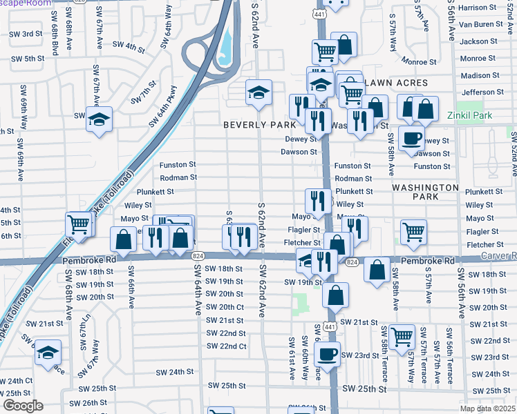 map of restaurants, bars, coffee shops, grocery stores, and more near 6186 Wiley Street in Hollywood
