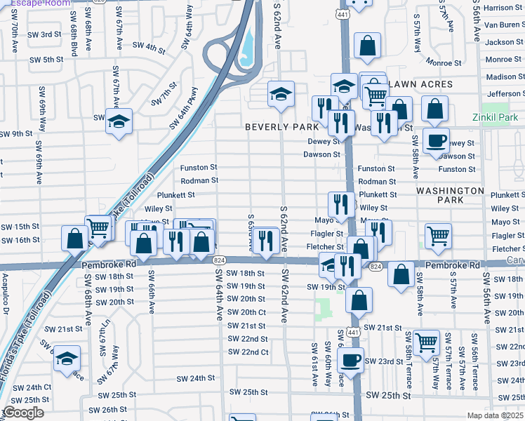 map of restaurants, bars, coffee shops, grocery stores, and more near 6230 Wiley Street in Hollywood