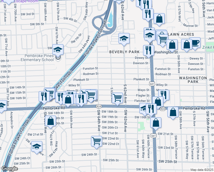 map of restaurants, bars, coffee shops, grocery stores, and more near 6320 Wiley Street in Hollywood