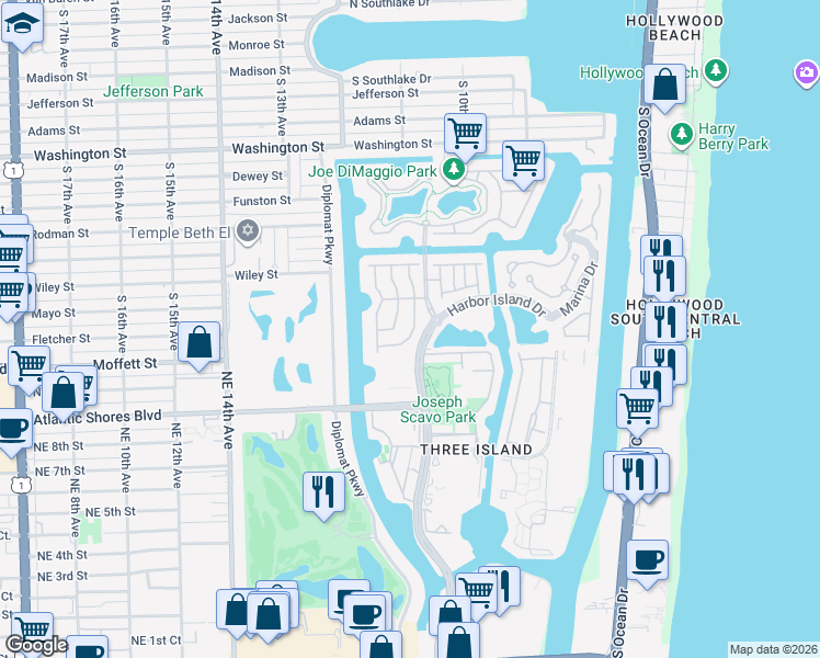 map of restaurants, bars, coffee shops, grocery stores, and more near 1549 Breakwater Terrace in Hollywood