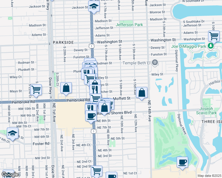 map of restaurants, bars, coffee shops, grocery stores, and more near 1517 South 17th Avenue in Hollywood