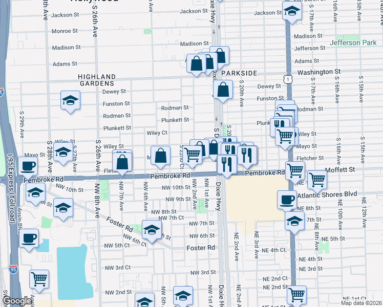 map of restaurants, bars, coffee shops, grocery stores, and more near 2205 Mayo Street in Hollywood