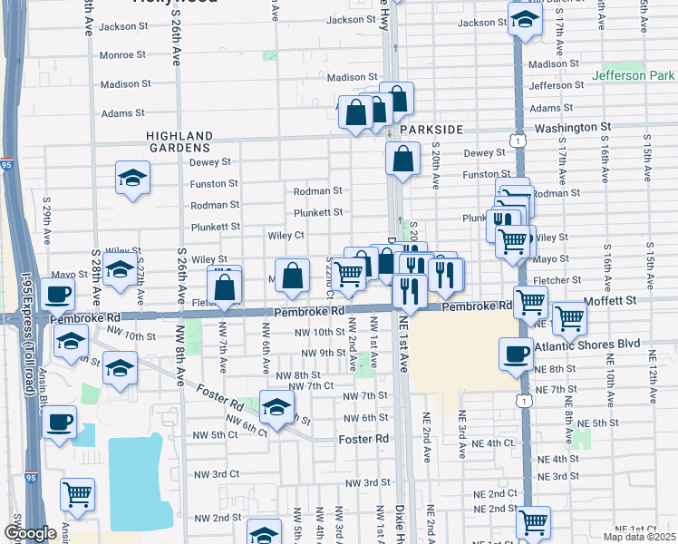 map of restaurants, bars, coffee shops, grocery stores, and more near 2205 Mayo Street in Hollywood